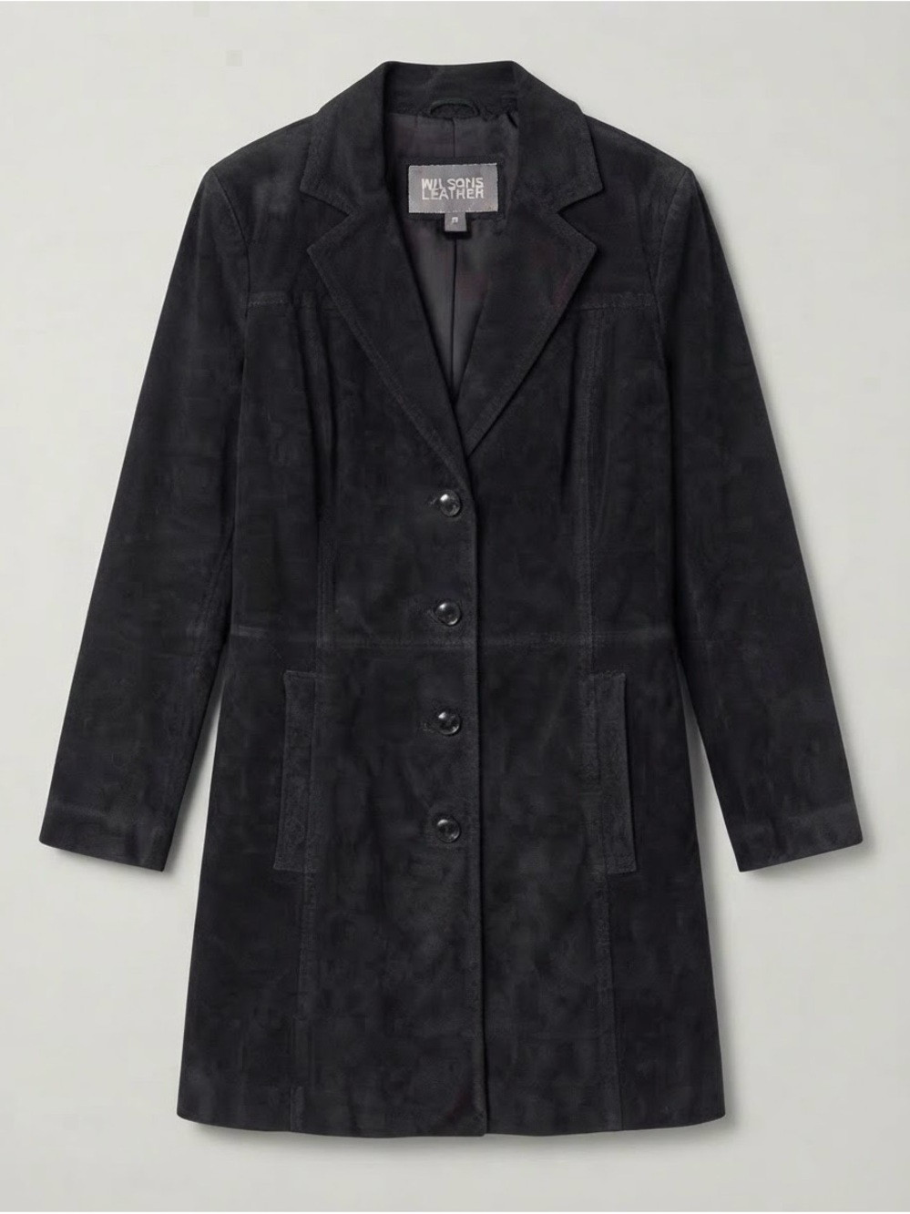 Wilsons Leather Vintage Black Suede Leather Trench Coat Jacket (Size M)